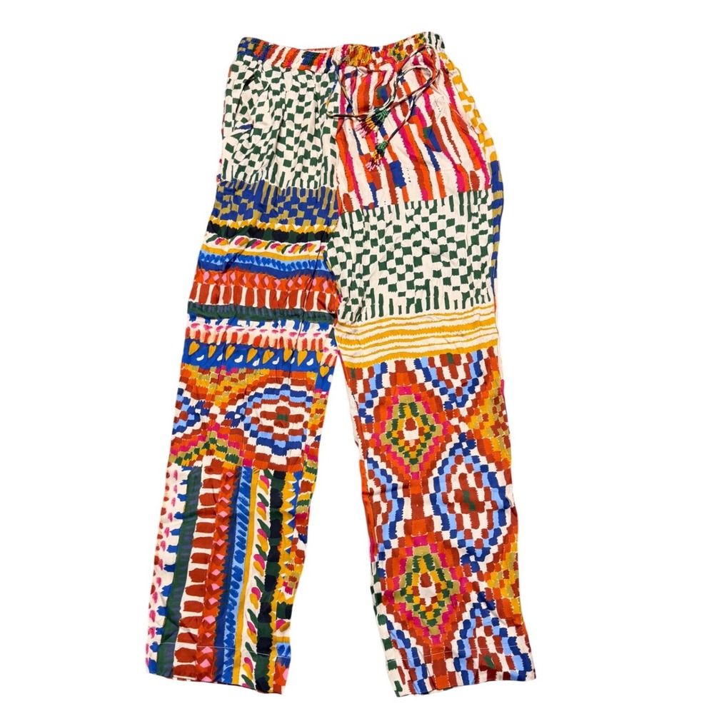 Farm Rio Pants Patchwork Tapestry Straight Leg Small Boho‎ Resort Wear Vacation